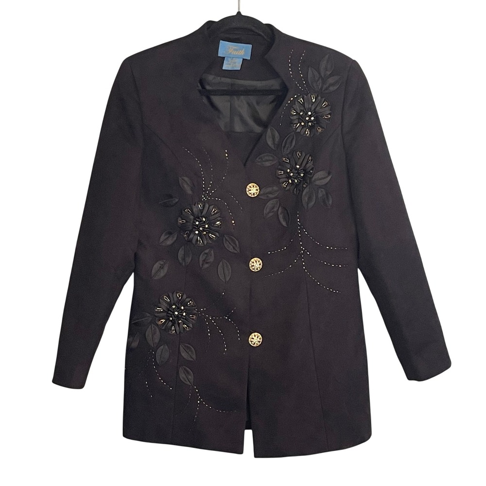 Faith Black Faux Suede Floral Applique Embellished Blazer Jacket Women Size 12